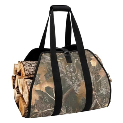 Tree Leaf Camo Print Firewood Log Carrier Tote | Open-Ended Design, Large Capacity, Waterproof Fabric, for Fireplaces, Bonfires and Wilderness Camping - color: Tree Leaf Hunting Camo Print