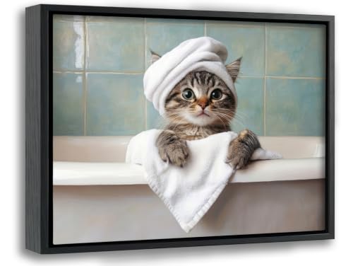 Funny Tabby Cat Bathroom Wall Art, Cute Kitten in Bathtub with Towel Framed Canvas Wall Decor, Humorous Animal Print for Bathroom, Restroom, Toilet, 8x10 Inch - color: Cat A, size: 10"L x 8"W