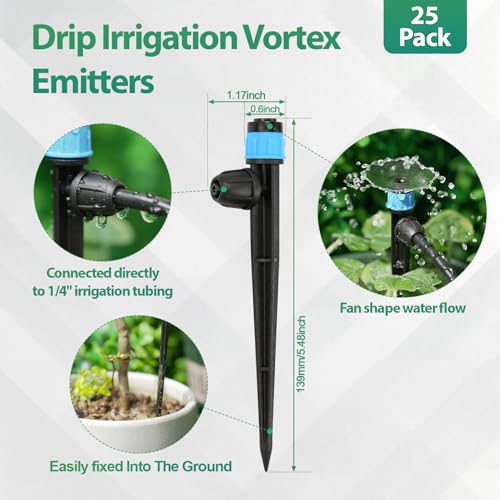 RedChili 25 Pieces Drip Emitters for 1/4" Drip Irrigation Tubing, Adjustable 360 Degree Vortex Drip Emitters with Stake 360° Full Circle Umbrella Shape Pattern Garden Irrigation Micro Drippers - size: Vortex Emitter