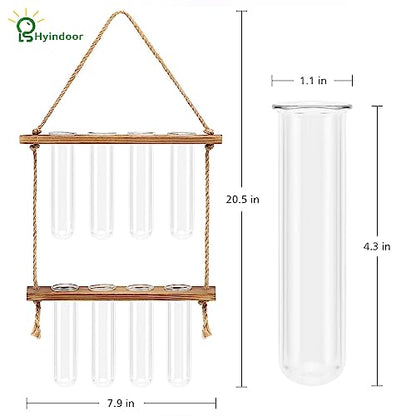 Hyindoor Wall Hanging Planter Terrarium 2 Tired Test Tube Vase Glass Planter Plant Propagation Station Plant Hangers of Rope with Wooden Stand and 8 Tubes for Hydroponic Plant Cutting - size: Small-8 Tubes