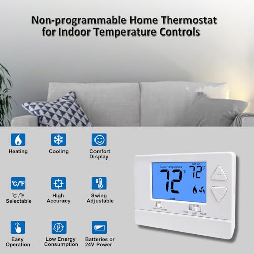 NonProgrammable Thermostat for House, Digital Energy-Saving Thermostat,Single-Stage Systems, 1 Heat/1 Cool, Easy DIY Install, Blue Backlight - color: Blue