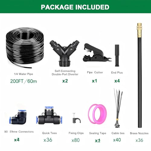 Drip Irrigation System with Brass Nozzles – 2026 Upgrade 200FT Garden Watering Kit with 36Pcs 360° Adjustable Misting Sprinklers Quick Connect Fittings for Raised Beds, Lawn, Patio - size: 200ft + 36 pcs nozzles and connectors