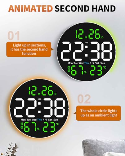 10 Inch Large Digital Wall Clock with 9 Color Changing Remote Control, Date Week Temperature, Auto Brightness Dimmer Big Clock with Night Lights,Green - color: Green