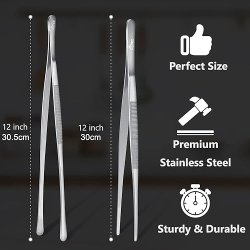 HOTEC Kitchen Tweezers Tongs Stainless Steel Professional Chef Tweezers, Set of 2-12inch Extra-Long Food Tongs for Cooking,Grill and Baking - color: Silver, size: 2PCS: 12 Inch
