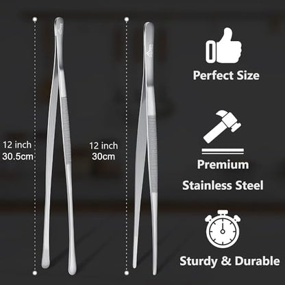 HOTEC Kitchen Tweezers Tongs Stainless Steel Professional Chef Tweezers, Set of 2-12inch Extra-Long Food Tongs for Cooking,Grill and Baking - color: Silver, size: 2PCS: 12 Inch