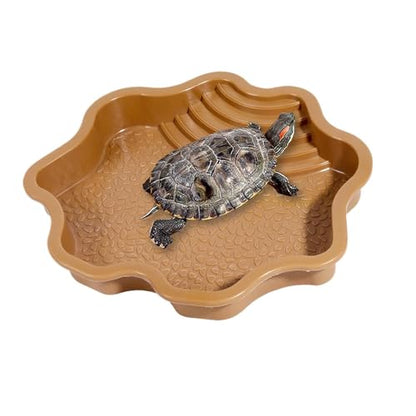 Extra Large Reptile Bathing Pool Reptile Feeding Dish Water Bowl with Ramp Aquarium Ornament for Gecko, Snake, Turtle, Bearded Dragon, Lizard Bath (Brown-Yellow) - color: Brown-yellow