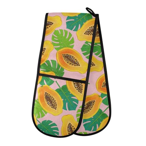 Dual-functionality Mitts and Pot Holders Sets High Heat Resistant Pot Holder Gloves Kitchen Aid BBQ (Papaya Fruit Tropical) - color: Papaya Fruit Tropical