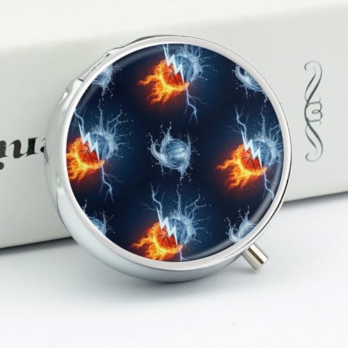 Compact Pill Box, Ice Water Fire Flame Basketball Round Waterproof Case, Travel Organizer for Supplements, Purse Pocket Container for Daily Office Use - color: Style (618)