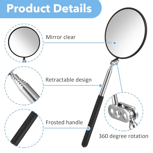 Telescoping Inspection Mirror, 360 Rotation Flexible Telescoping Circular Mirror Round Inspection Mirrors with Retractable Handle Telescopin Mirrors for Vehicle Condition(Dia-4 Inch)