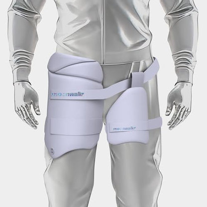 moonwalkr Cricket Thigh Guards 2.0 Lightweight Cricket Guard & Equipment Unisex Thigh Pads for Batter's Height (5'4"- 5'8") Safeguarding Both Your Outer and Inner Thighs White (Medium, Left Hand)