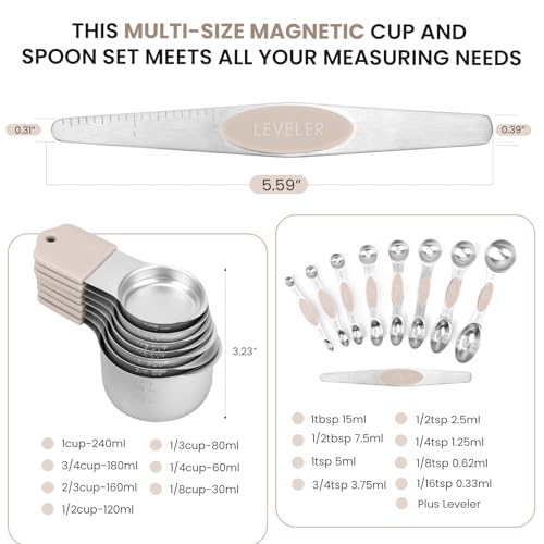 HOUJIP Magnetic Measuring Cups and Spoons Set-304 Stainless Steel,Khaki | Double Measurement Markings,BPA-Free,Set of 16 with Leveler for Measuring Dry and Liquid Ingredients - color: Khaki