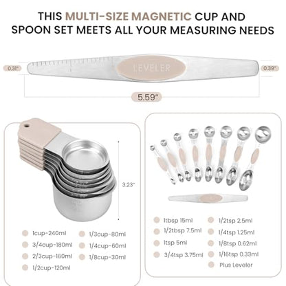 HOUJIP Magnetic Measuring Cups and Spoons Set-304 Stainless Steel,Khaki | Double Measurement Markings,BPA-Free,Set of 16 with Leveler for Measuring Dry and Liquid Ingredients - color: Khaki