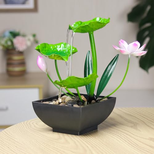 Water Fountain Indoor Waterfall Fountain 3-Tier Tabletop Fountain Lotus Desk Relaxation Home Decor Including Lots of Rocks and Soothing Sound Machine (Green 2) - style: Double flow