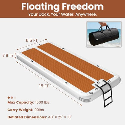 15'x6.5' Floating Inflatable Dock with 5mm EVA Anti-Slip Mat, Quick Inflation/Deflation, Supports Up to 15 People, Ideal for Lakes, Pools, and Oceans