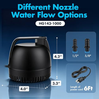 hygger 264GPH Aquarium Submersible Pump, Fish Tank Water Pump Adjustable Flow with 2 Nozzles, 5.5 ft High Lift Quiet Fountain Pump for Aquarium, Pond, Hydroponics, Water Garden - size: S