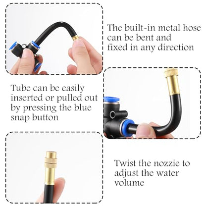 Zonon 10 Pcs Brass Misting Nozzles Tee with 4" Built in Hose for 0.32"/8 mm Tubing 360 Degree Rotation Adjustable Water Mister Nozzle Thread Sprayer Misting Part Accessories for Patio Outdoor Cooling - size: 4 Inch