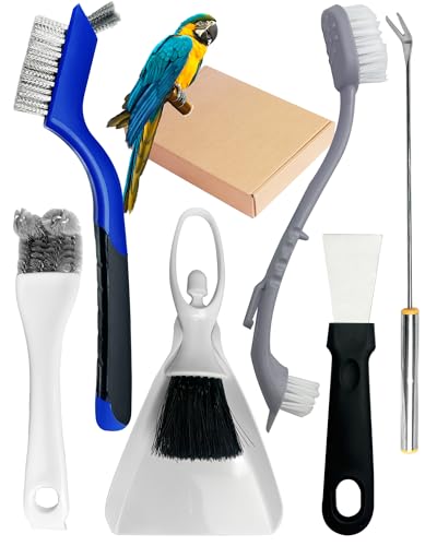Upgrade 6PCS Cage Cleaner Set,2-in-1 Stainless Steel Pet Cage Brush,Bird Poop Remover,Dual Head Brush,Long Handle Scraper,Small Animals House Cleaning Accessories,Mini Dustpan and Broom Set (6PCS-1)