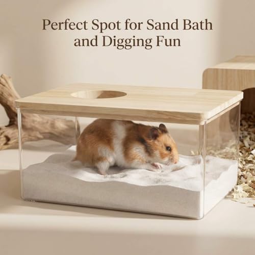 QWORK Hamster Sand Bath Box – Clear Acrylic Habitat Bath with Wooden Lid for Dwarf Hamsters, Digging & Grooming