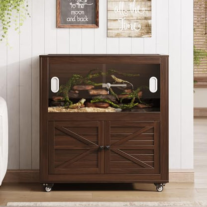 Reptile Terrarium with Stand, 40 Gallon Reptile Tank with Large Storage Cabinet and Ventilated Metal Mesh Top, Walnut - color: Walnut