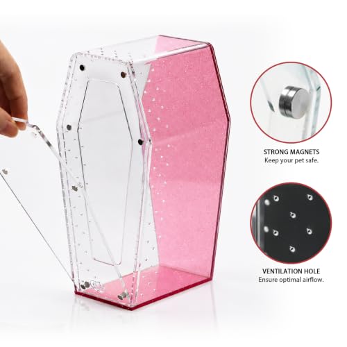 Glitter Acrylic Coffin Jumping Spider Enclosure - Gothic Terrarium Habitat with Magnetic Lid, Micro Reptile Breeding Box for Slings, Mantis, Isopods and Small Insects (Glitter Pink) - color: Glitter Pink