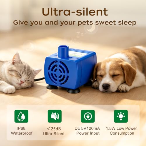 Cat Water Fountain Pump, Pet Water Fountain Pump Compatible Motor, DR-DC160 for Cat Drinking Fountain Cat Water Dispenser Replacement (Pump) | IP68Waterproof, Blue LED light, USB Port, Ultra-Quiet At Under 25 dB, Low Power Consumption Of 1.5 W