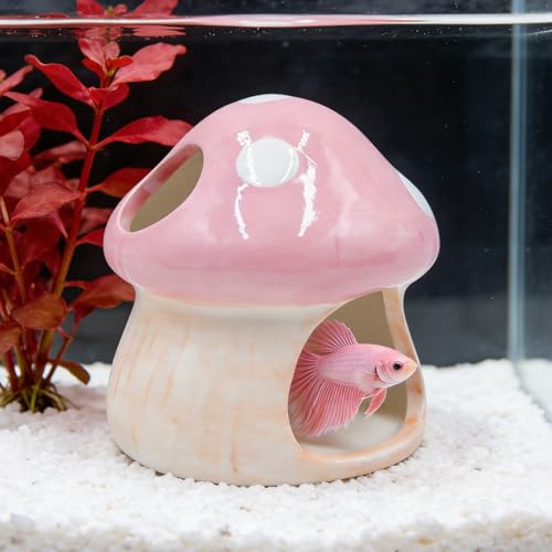 Ceramic Fish Tank Ornament & Hiding Cave, Aquarium Shelter Decor, Cute Mushroom House Style for Betta Fish, Goldfish, Shrimp, Hermit Crab and Reptiles (Pink)
