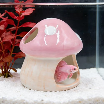 Ceramic Fish Tank Ornament & Hiding Cave, Aquarium Shelter Decor, Cute Mushroom House Style for Betta Fish, Goldfish, Shrimp, Hermit Crab and Reptiles (Pink)