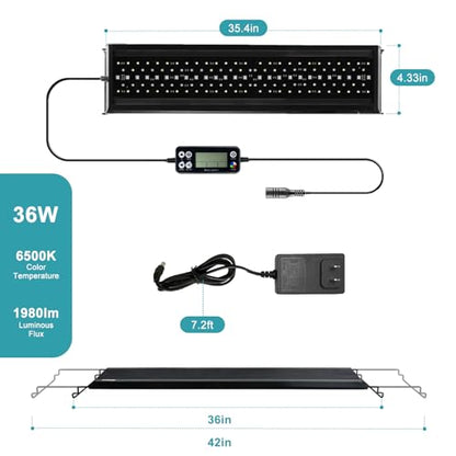 24/7 LED Aquarium Light, IP68 Waterproof Extendable Bracket Fish Tank Light with Timer, 7 Colors, 10 Level Adjustable Brightness, DIY Mode Full Spectrum Aquarium Plant Light for 36-42 Inch Fish Tank - size: 36"-42"