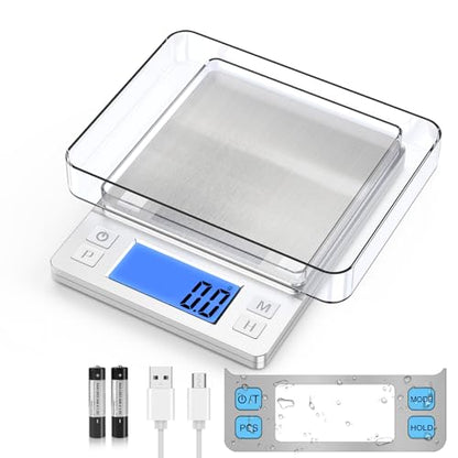 BOMATA Upgraded Small Food Scale with 0.1 g/0.001 oz High Precision | 3000 g/6.6 lb, New Hold Function, Larger Display, USB Rechargeable, Digital Kitchen Scale for Small Item, Jewelry. Sliver - size: 0.1g/3kg Silver