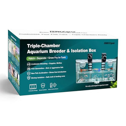 Triple-Chamber Aquarium Fish Breeder & Isolation Box, Transparent Hatching Incubator Tank with Suction Cups & Hook, Nursery for Livebearer Guppy Fry Breeding and Betta Fish, Shrimp Quarantine - size: Triple-Chamber (10.23*3.62*4.33 IN)