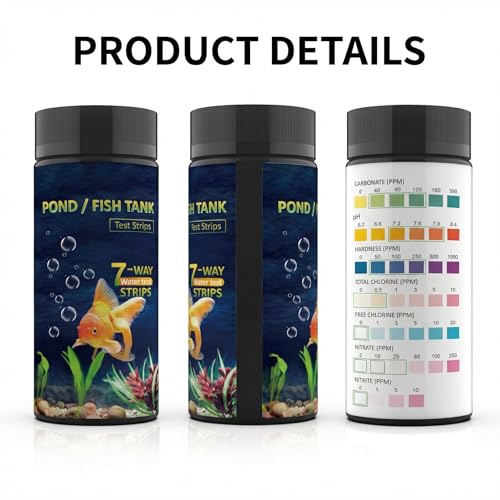 7-in-1 Pond & Fish Tank Test Strips - 50 Count | Fast 30s Water Test Kit for Carbonate, pH, Hardness, Chlorine, Nitrate, Nitrite | Freshwater & Saltwater Aquariums