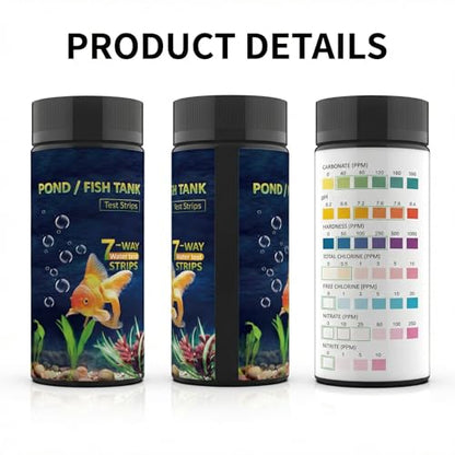 7-in-1 Pond & Fish Tank Test Strips - 50 Count | Fast 30s Water Test Kit for Carbonate, pH, Hardness, Chlorine, Nitrate, Nitrite | Freshwater & Saltwater Aquariums