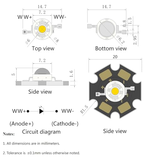 3W White LED Chip,5PCS High Power SMD COB Light Emitting Diode with Aluminum Plate 20mm Star PCB Base Heat Sink Repair Lamps Bulbs Floodlight DIY Lighting (700mA,3.0-3.4V,140deg,6000-7000K) - color: White