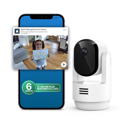 Arlo Essential Indoor Pan Tilt Zoom Security Camera 2K - 1-Cam + 6 Mo Plan | 360° pan & 180° tilt; 2K pet camera; Auto motion tracking; Animal detection; Animated preview; 6-mo Secure plan incl. - size: 1 Camera - White, style: 6 Months Secure Plan