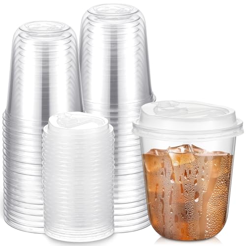 Baderke 25 Sets 14 oz Clear Plastic Cups with Lids,Sturdy Iced Coffee Cups with lids, Disposable Plastic Smoothie Cup for Cold Drinks - size: 14oz