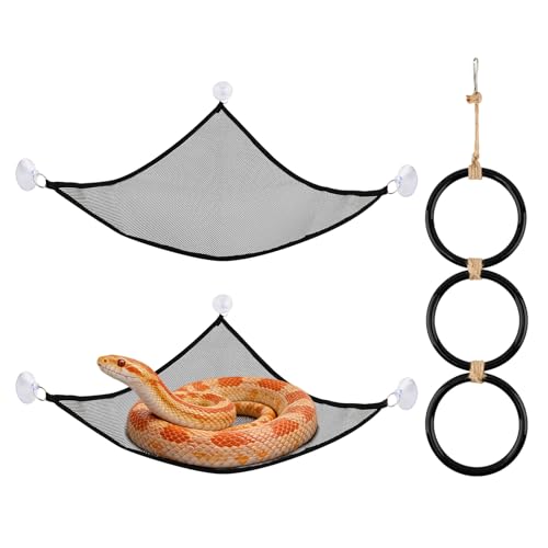 Snake Climbing Rings with 2 Hammock for Ball Python & Corn Snake, Reptile Enrichment Toys for Snake, Ball Python Tank Decor Reptiles Climbing Toy Hammocks (Black)