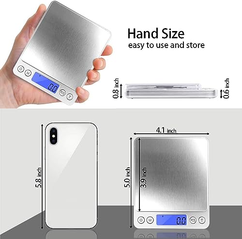 Fuzion Small Gram Scale 3000g, Digital Kitchen Food Scale, Gram and Ounce | 0.1g Accuracy, 6 Modes, 2 Trays Included, LCD Display, Tare, Piece Counting, For Food, Coffee, Cooking, Herb, Reptiles, Coins - color: Silver