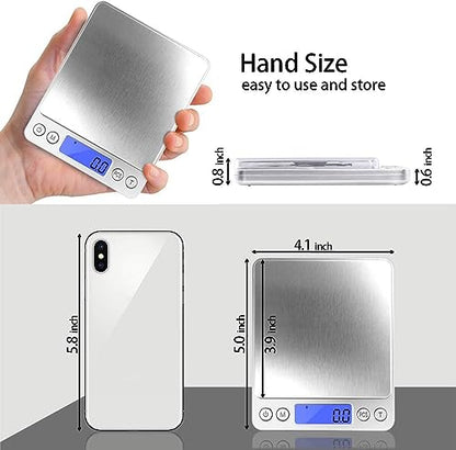 Fuzion Small Gram Scale 3000g, Digital Kitchen Food Scale, Gram and Ounce | 0.1g Accuracy, 6 Modes, 2 Trays Included, LCD Display, Tare, Piece Counting, For Food, Coffee, Cooking, Herb, Reptiles, Coins - color: Silver