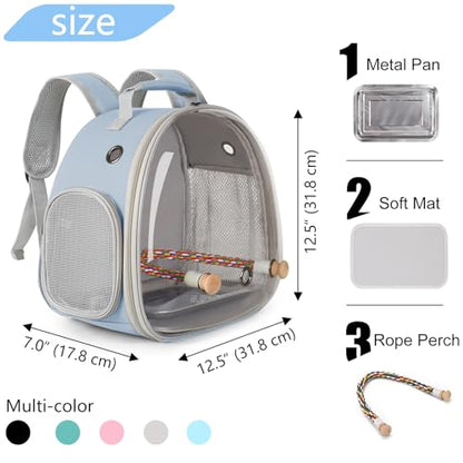 Small Bird Travel Backpack Carrier Cage, Backpack to Transport Backpack Carrier with Metal Tray Stand Perch for Parakeet Cockatiel Budgies Vet Carry Bag - color: Blue