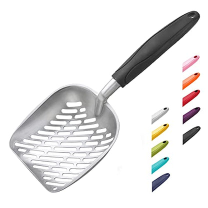 Cat Litter Scoop, Aluminum Alloy Sifter, Kitty Metal Scooper, Deep Shovel with Diagonal Sifting Hole, Long Handle, Kitten Poop Lifter for Litter Box, Large Size, Black Handle - color: #06 Black, size: Large