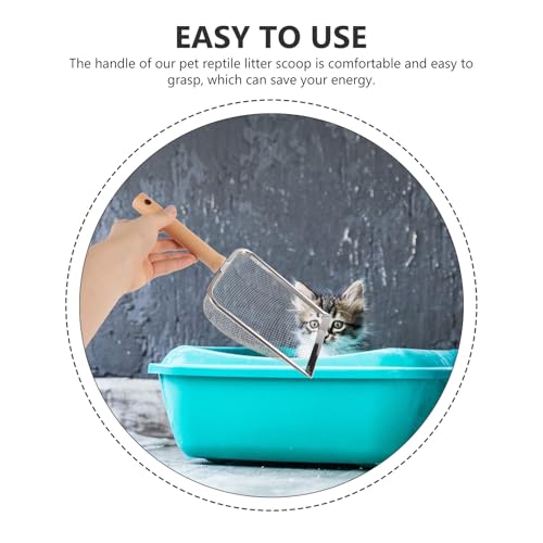 SEWACC Reusable Stainless Steel Reptile Litter Scoop with Ergonomic Wooden Handle, Wear-Resistant Pet Poop Clean Tool for Tortoises and Lizards, Big Wide Mouth Design for Easy Terrarium