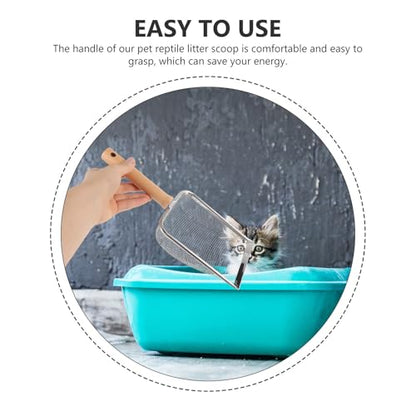 SEWACC Reusable Stainless Steel Reptile Litter Scoop with Ergonomic Wooden Handle, Wear-Resistant Pet Poop Clean Tool for Tortoises and Lizards, Big Wide Mouth Design for Easy Terrarium