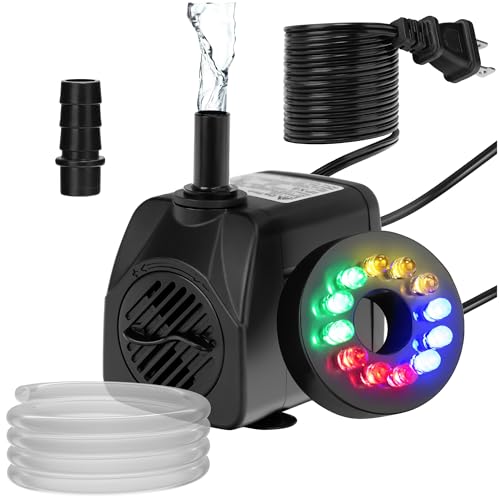 DaToo Mini Submersible Fountain Water Pump With LED Light 160GPH 10W Small Ultra Quiet Water Pump With Tubing For Aquarium Fish Tank Outdoor Pond Water Feature Fountain Statuary - size: 160GPH 10W(12 LED)