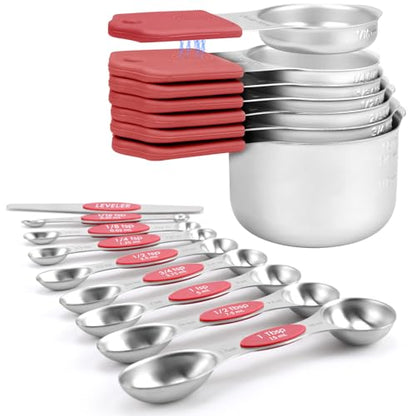 HOUJIP Magnetic Measuring Cups and Spoons Set-304 Stainless Steel,Red | Double Measurement Markings,BPA-Free,Set of 16 with Leveler for Measuring Dry and Liquid Ingredients - color: Red