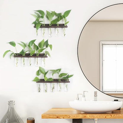 Wall Hanging Plant Propagation Station 15 Glass Test Tubes - Brown | 3 Tiered Vase Planter for Hydroponic Home Garden Office Decor, Gardening Gifts for Women Plant Lover - size: 3 Tiers - 15 Vases