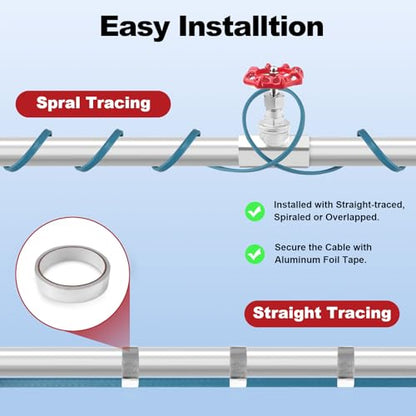 24FT Heat Tape for Water Pipes – Gutter Heat Cable & Water Pipe Insulation, Self-Regulating Temp for Freeze Protection on Metal & Plastic Pipes, Roof Snow De-Icing, Easy Installation 120V