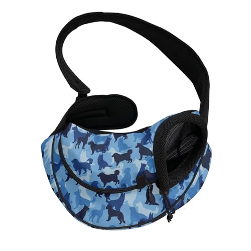 COEQINE Blue Camo Dog Carrier Sling for Small Dogs and Cats Adjustable Strap Cute Puppy Crossbody Purse Drawstring Dog Papoose Breatheable Front Facing Dog Tote Handbag - color: Blue Camo Cute Puppy Print