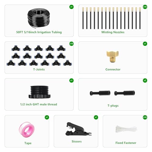 50FT Drip Irrigation System for Garden – Automatic Watering Kit with Solid Brass Metal Connectors, 360° Bendable Tubing &16 Adjustable Nozzles for Greenhouse, Lawn, Yard & Plants - size: 50 FT