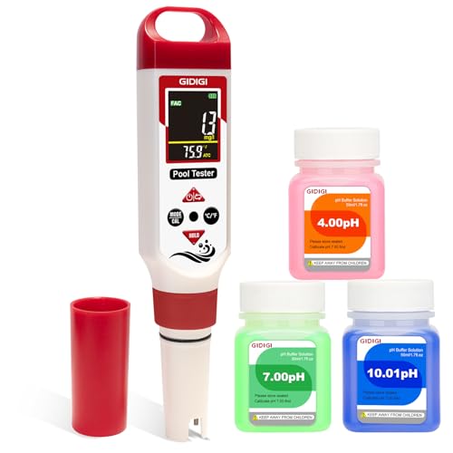 Chlorine Tester Pool Test Kit, pH Salt Chlorine Pool Water Tester | Salt Water Pool Tester, CL Salt ORP EC TDS Temp pH Meter, for Pool Hot Tubs Drinking Water, AAA Battery & pH calibration kit - color: Red