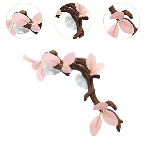 Reptile Terrarium Plant Decoration with Suction Cups, Pink Leaves Simulation Branch for Gecko and Bearded Dragon Habitats
